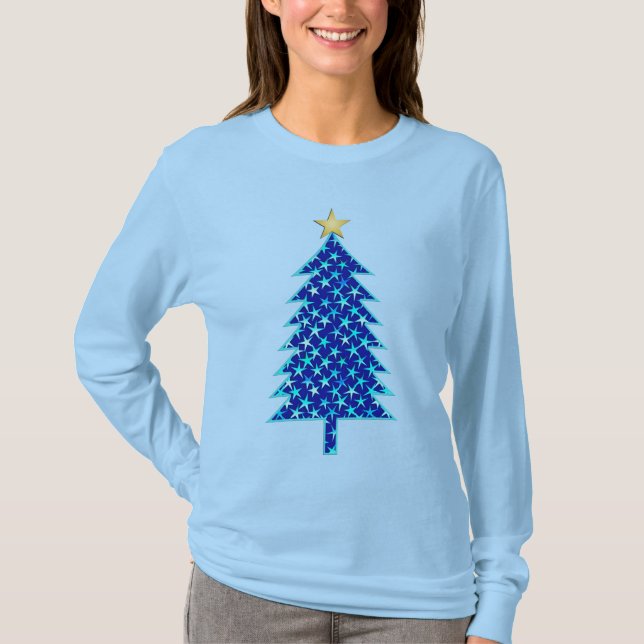Camiseta Árvore de Natal Mínima Moderna com Estrelas Azuis (Frente)