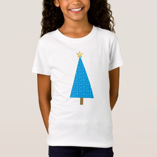 Camiseta Árvore de Natal moderna das estrelas azuis (Frente)