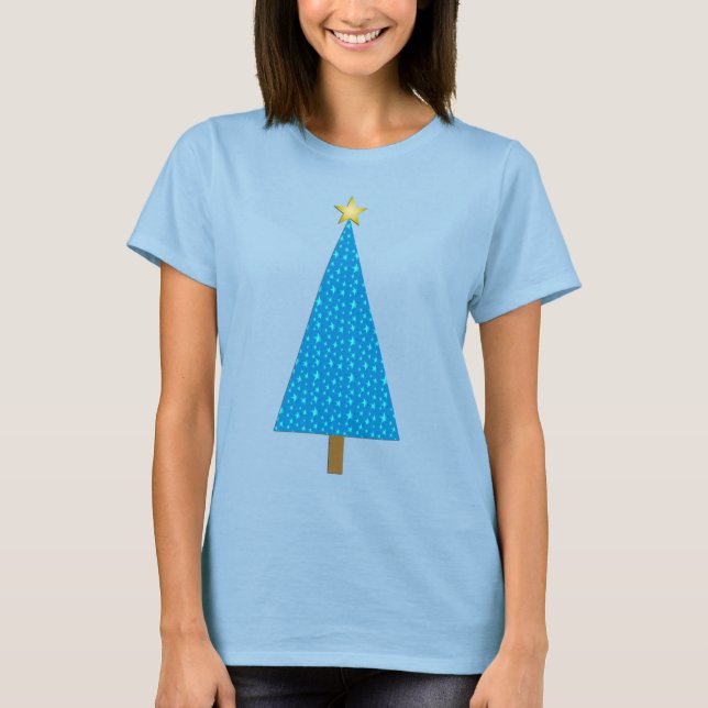 Camiseta Árvore de Natal moderna das estrelas azuis (Frente)