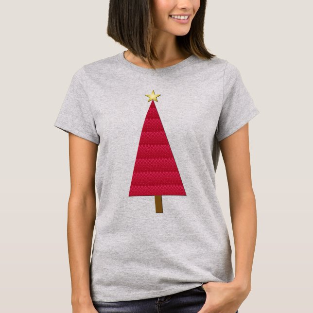 Camiseta Árvore de Natal moderna de damasco vermelho profun (Frente)