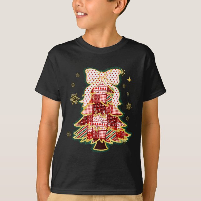 Camiseta Árvore de Natal Patchwork Laço Coquette Festa de N (Frente)