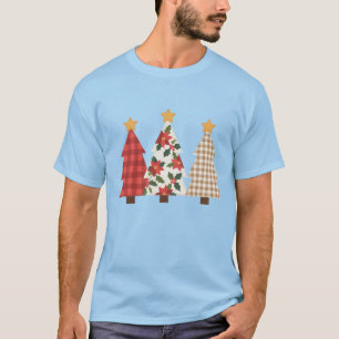Camiseta Árvore de Natal Patchwork Vintage Xadrez Vermelho