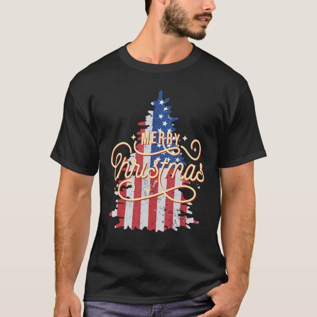 Camiseta Árvore de Natal Patriótica Bandeira Americana Feli (Frente)