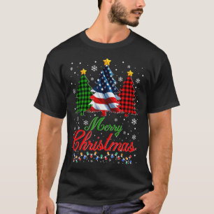 Camiseta Árvore de Natal Plaid Bandeira dos EUA Floco de Ne