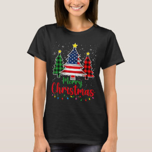 Camiseta Árvore de Natal Plaid Bandeira dos EUA Floco de Ne