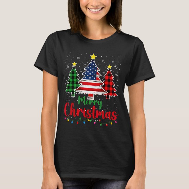 Camiseta Árvore de Natal Plaid Bandeira dos EUA Floco de Ne (Frente)