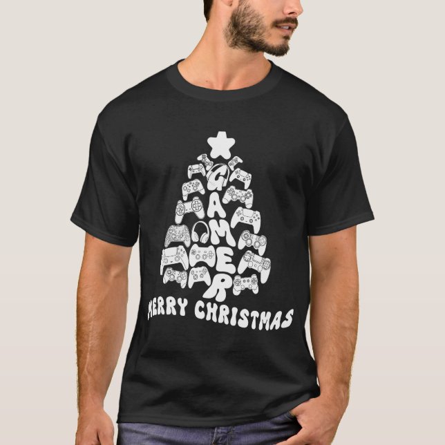 Camiseta Árvore de Natal Preta e Branca com Controladores (Frente)