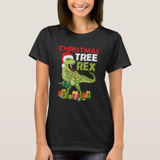 Camiseta Árvore de Natal Rex Santa Hat Rex Dinosaur Dino Ki (Frente)