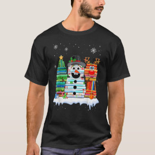 Camiseta Árvore de Natal Snowman Reindeer Book Stack Librar