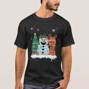 Camiseta Árvore de Natal Snowman Reindeer Book Stack Librar
