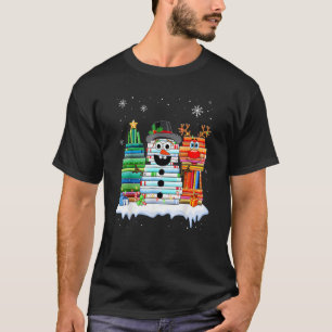 Camiseta Árvore de Natal Snowman Reindeer Book Stack Librar