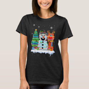 Camiseta Árvore de Natal Snowman Reindeer Book Stack Librar
