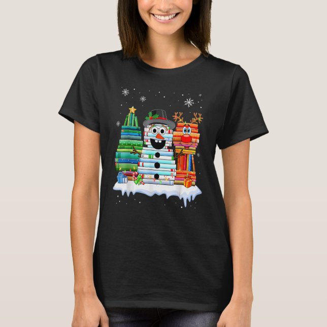 Camiseta Árvore de Natal Snowman Reindeer Book Stack Librar (Frente)