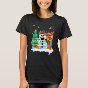 Camiseta Árvore de Natal, Snowman Reindeer Book Stack Tea P