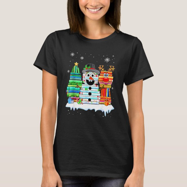 Camiseta Árvore de Natal, Snowman Reindeer Book Stack Tea P (Frente)