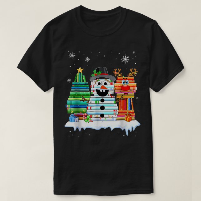 Camiseta Árvore de Natal, Snowman Reindeer Book Stack Tea P (Frente do Design)