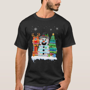 Camiseta Árvore de Natal Snowman Reindeer Book Stack Tee Li