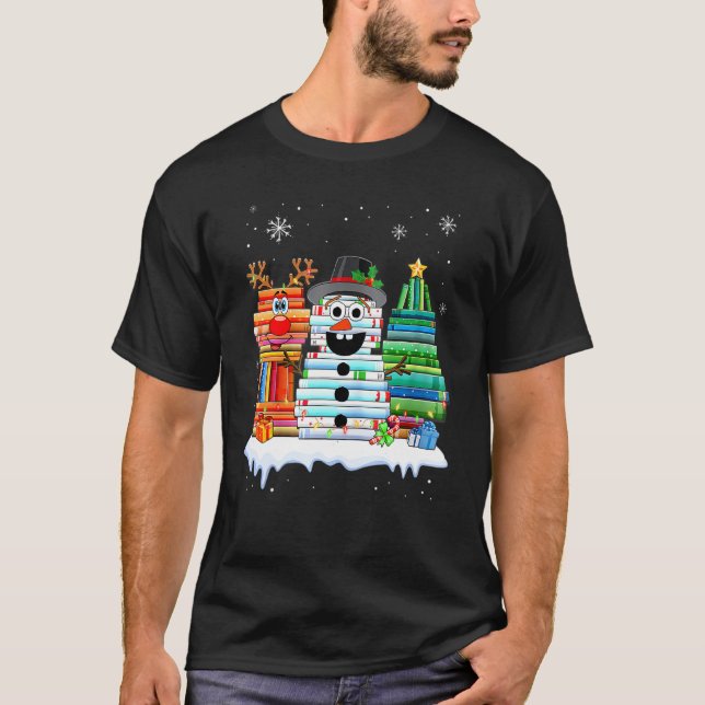 Camiseta Árvore de Natal Snowman Reindeer Book Stack Tee Li (Frente)