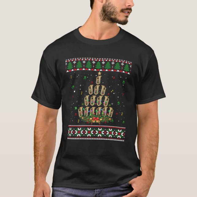 Camiseta Árvore de Natal Tuba Merry Xmas Lights Gift Ugly X (Frente)