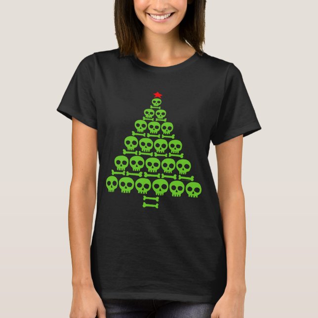 Camiseta Árvore de Natal Verde Crânio e Ossos (Frente)