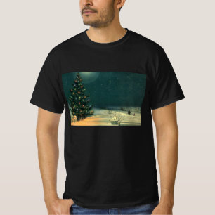 Camiseta Árvore de Natal Vintage à Noite com Luzes e Neve