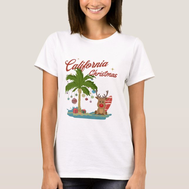Camiseta Árvore de Palma de Natal da Califórnia e Reindeer (Frente)