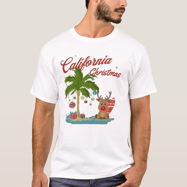 Camiseta Árvore de Palma de Natal da Califórnia e Reindeer (Frente)