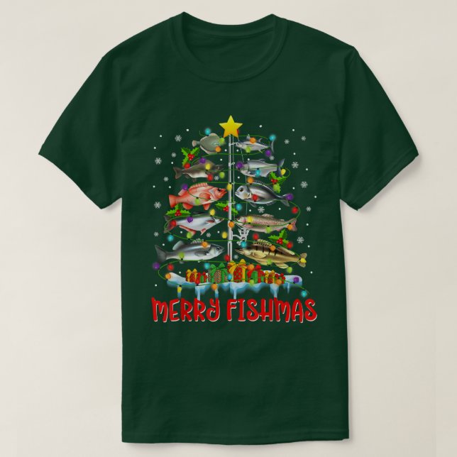 Camiseta Árvore de peixe feliz Luzes de Natal Engraçadas Pe (Frente do Design)