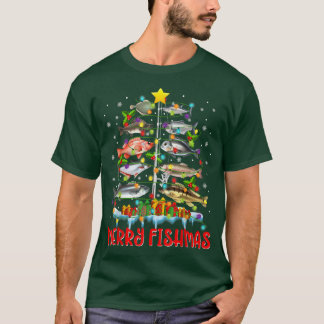 Camiseta Árvore de peixe feliz Luzes de Natal Engraçadas Pe
