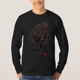 Camiseta Árvore de Veado Sakura Sumi E Flores Aquarela Japo