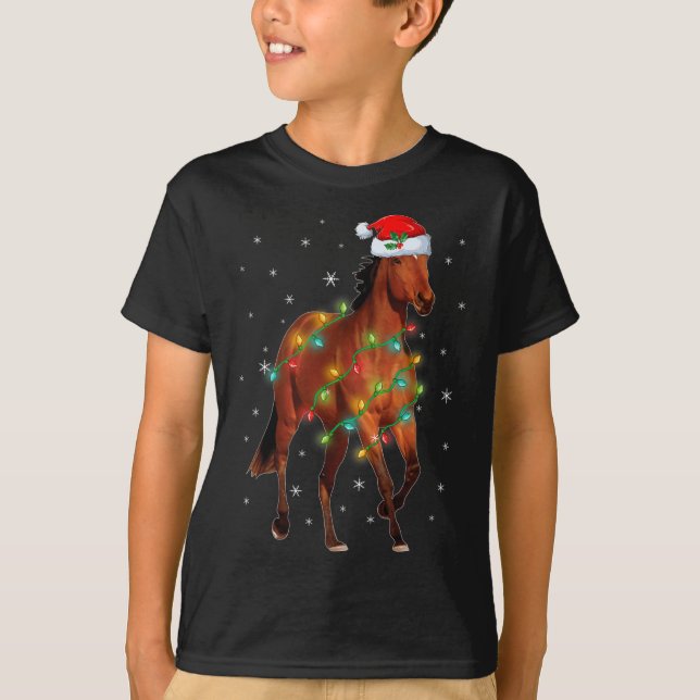 Camiseta Árvore do Cavalo do Pai Natal Bonito Luzes de Árvo (Frente)
