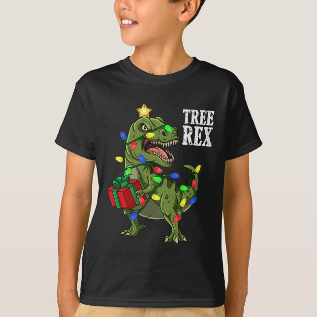 Camiseta Árvore do Dinossauro de Natal Rex Meninas Crianças (Frente)