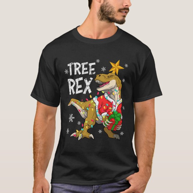 Camiseta Árvore do Dinossauro de Natal Rex Pajamas Homens M (Frente)