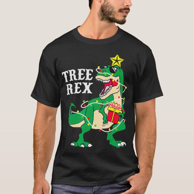 Camiseta Árvore Engraçado Rex Com Luzes De Natal Dinossauro (Frente)