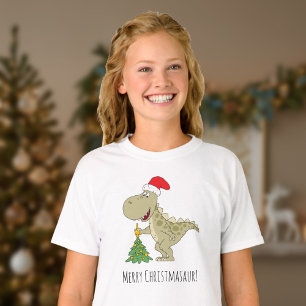 Camiseta Árvore Feliz de Natal Dinossauro Santa Hat