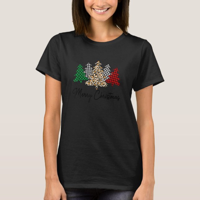 Camiseta Árvore Feliz Natal Leopardo Imprimir Xadrez M (Frente)