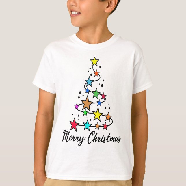 Camiseta Árvore festiva de Natal com estrelas coloridas (Frente)