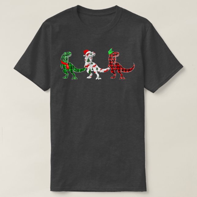 Camiseta Árvore Funny Dinosaur Xmas Luz Vermelha Xadrez T R (Frente do Design)