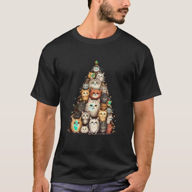Camiseta Árvore Gato de Natal Engraçado Gato de Xmas Engraç (Frente)