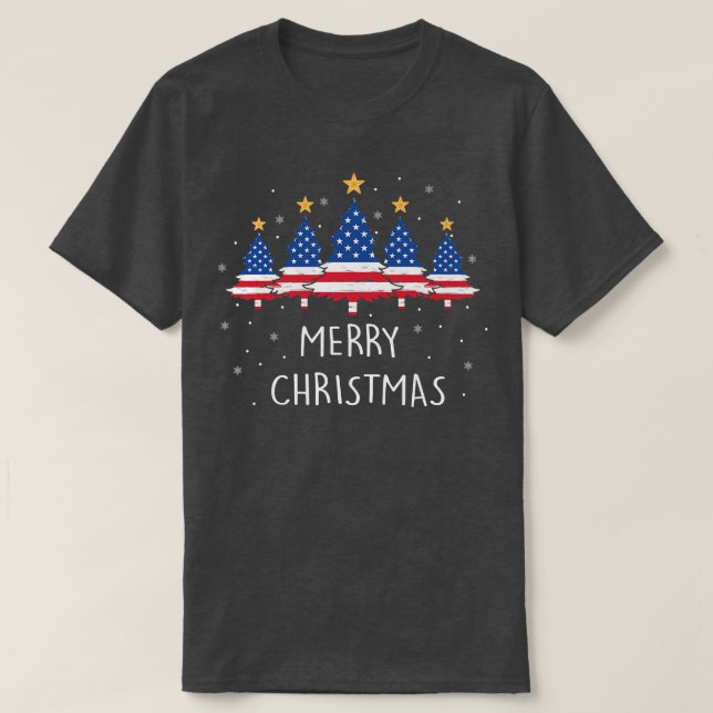 Camiseta Árvore Natal American Flag Merry Xmas Tee Family (Frente do Design)