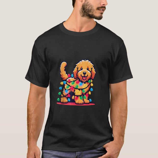 Camiseta Árvore Natal de Goldendoodle Luzes Ouro Doo (Frente)