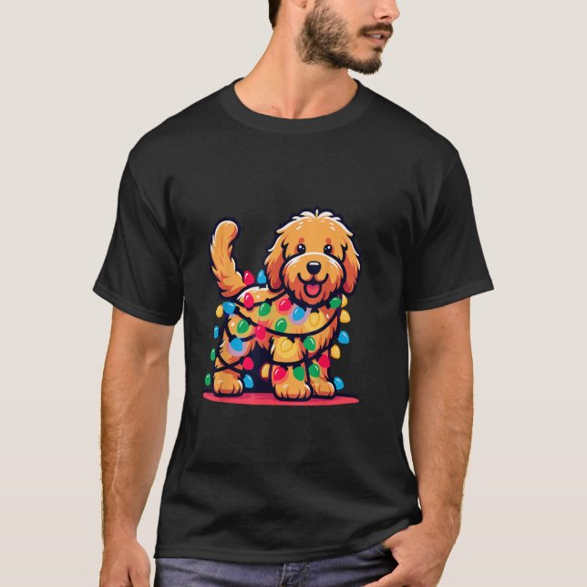 Camiseta Árvore Natal de Goldendoodle Luzes Ouro Doo (Frente)