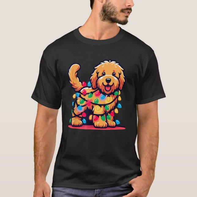 Camiseta Árvore Natal de Goldendoodle Luzes Ouro Doo (Frente)