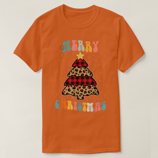 Camiseta Árvore Natal Light Xmas Retro Groovy Leopard Buf (Frente do Design)