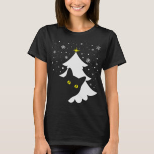 Camiseta Árvore Natal Negra Gato Negra Neve e estrelas