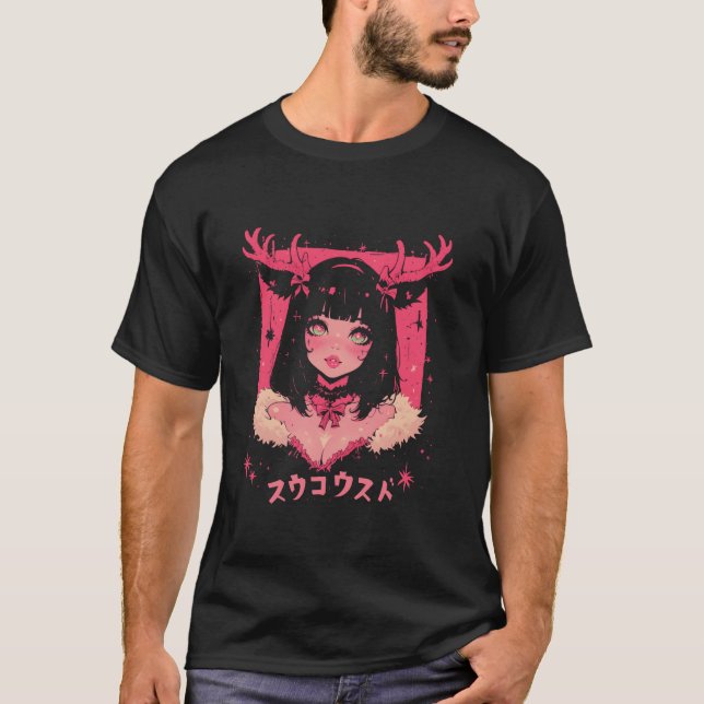 Camiseta Árvore Natal Pastel Anime Girl Waifu doce Holid (Frente)