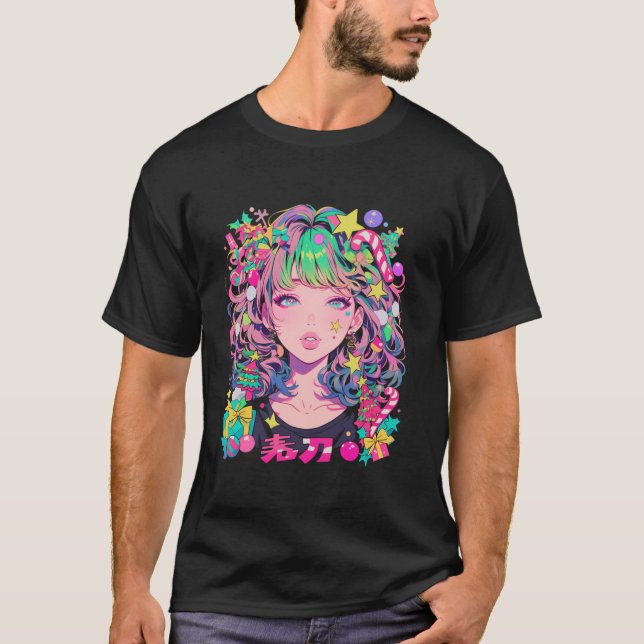 Camiseta Árvore Natal Pastel Anime Girl Waifu doce Holid (Frente)