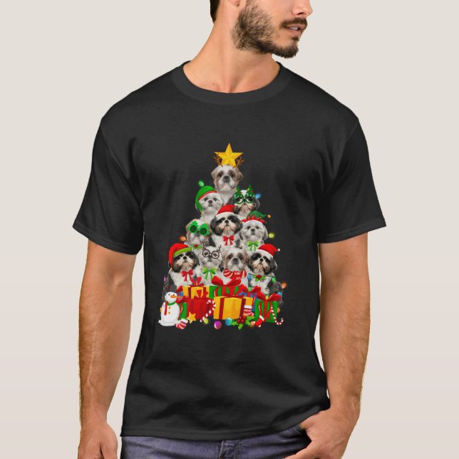 Camiseta Árvore natalícia Xmas Luzes Shiu Tzu Cachorro Pupp (Frente)