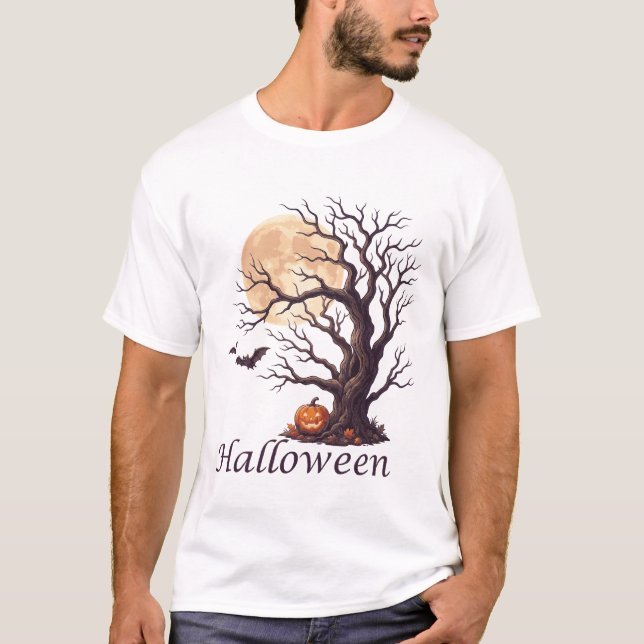 Camiseta Árvore Retorcida de Halloween Assustadora Jack-o'- (Frente)