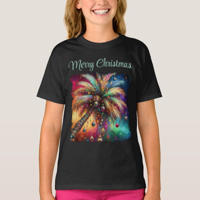 Camiseta Árvore Tropical de Natal Whimsso Vivid (Frente)